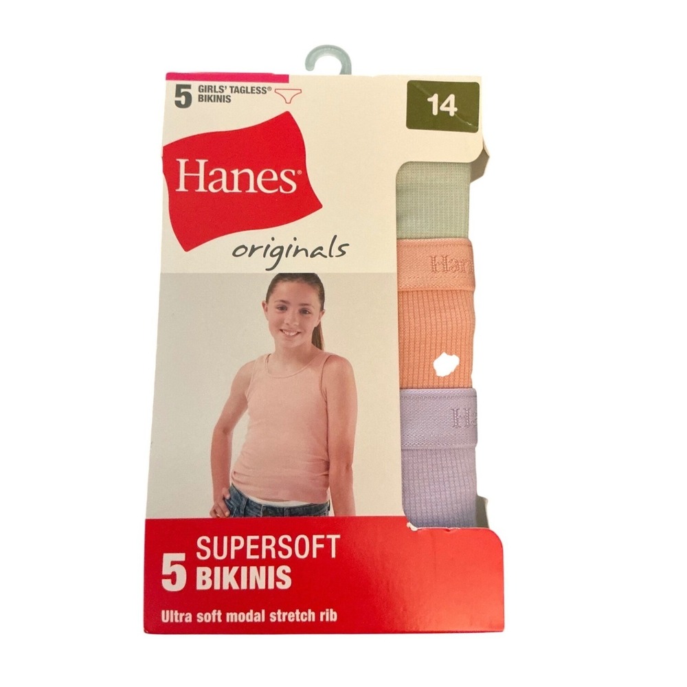 Hanes Originals Girls Supersoft Bikinis 5-Pack Size 14 Modal Stretch Rib GOSSBK